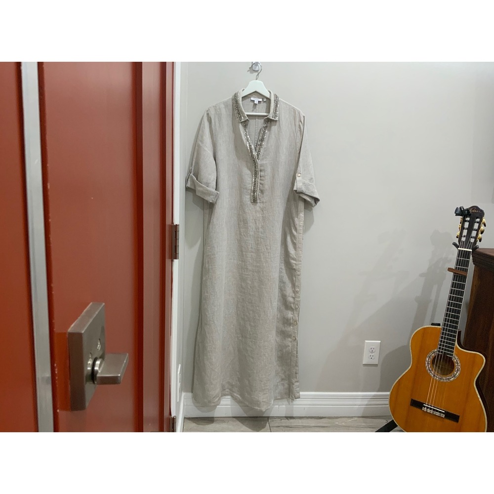 Chicos Linen Maxi Dress Beige Beaded Embellished V-Neck Side Slit Size 3 XL 16